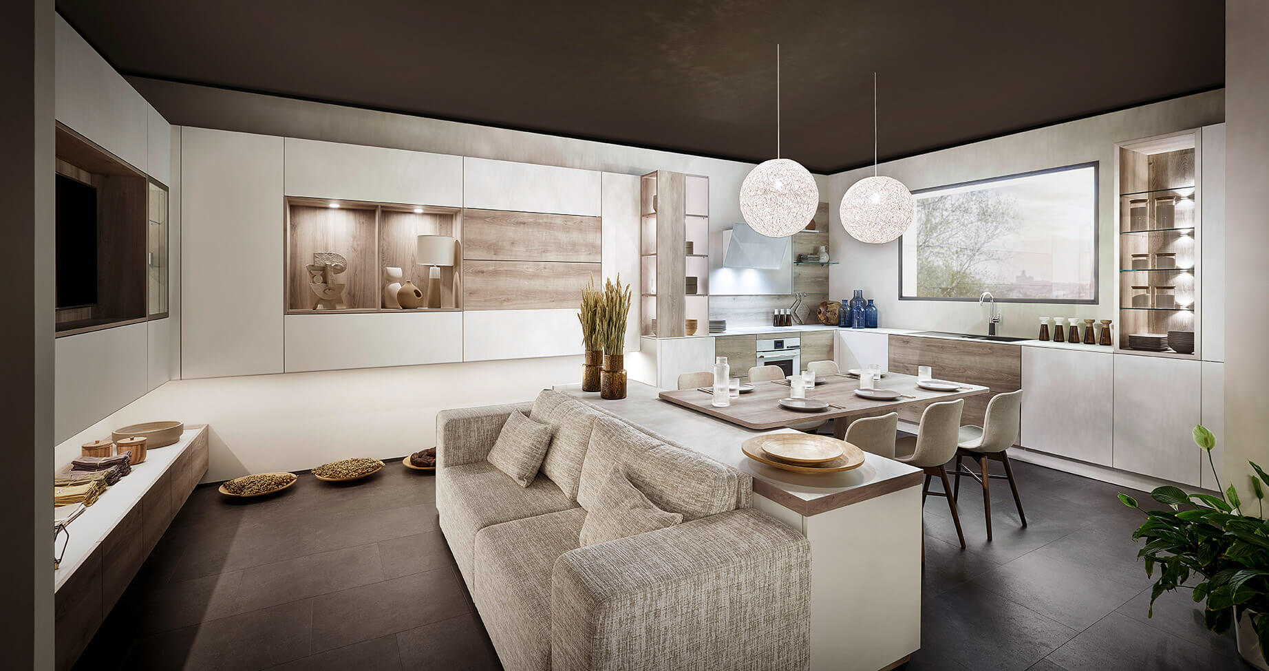 Otevřený obytný prostor SACHSENKÜCHEN — koncept Appartement propojující kuchyň, jídelnu a obývací zónu