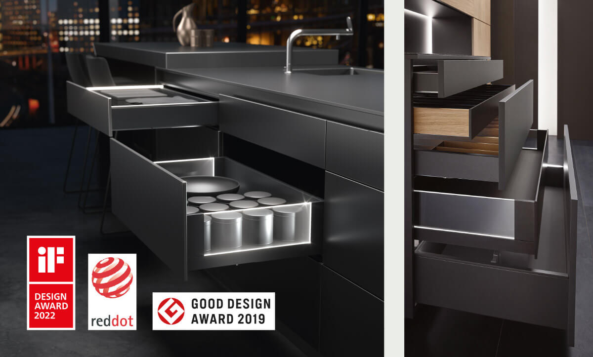 Otevřené zásuvky AccuraBox různých velikostí oceněné řadou designových cen